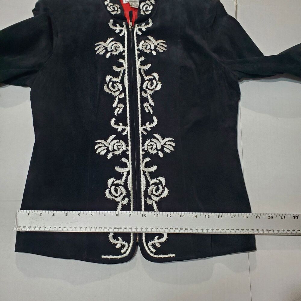 Vintage Suede Leather Black / White Floral Embroidered Zip Jacket , Size 12 - Picture 15 of 16